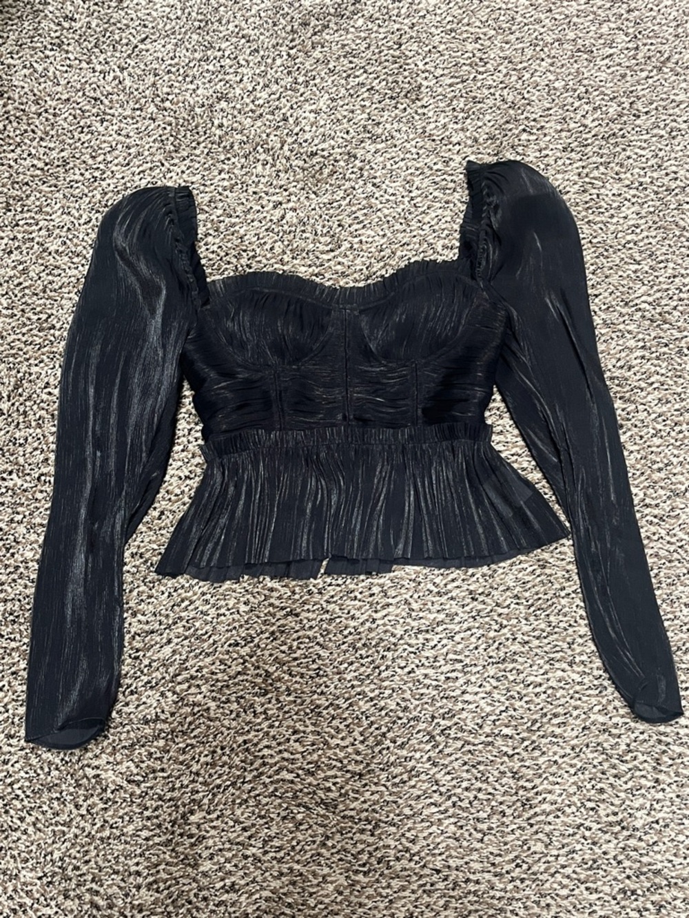 Black Long-Sleeve Pleated Sweetheart Peplum Blouse